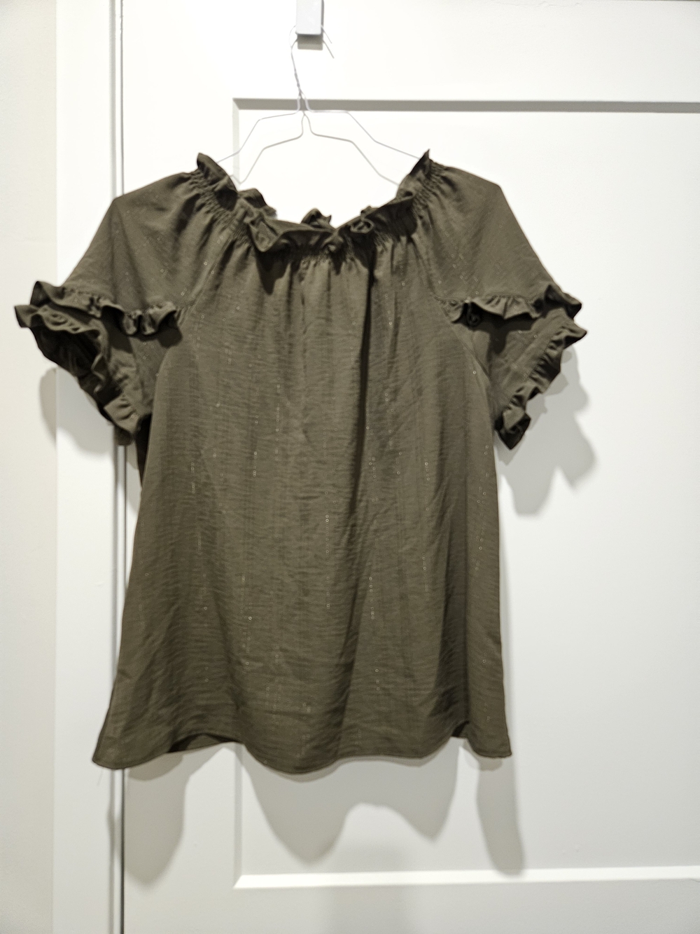 Como Vintage Olive Ruffle Neck Short-Sleeve Blouse
